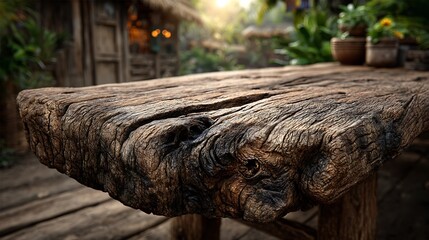 Close-up of an aged wooden table with deep grain texture, showcasing natural knots and cracks, bathed in warm golden sunlight for a vintage feel. Empty space on the right for text or design.