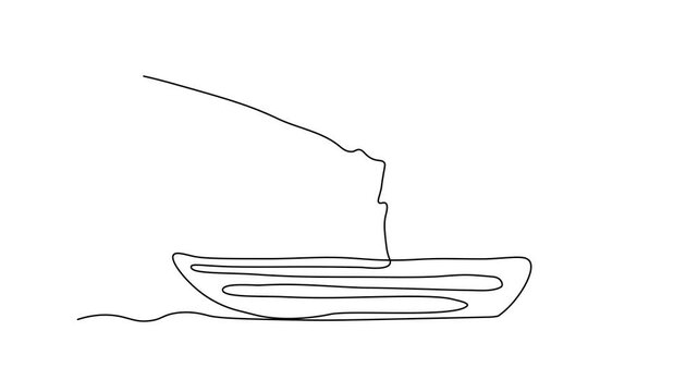 Abstract fisherman fishing with a fishing rod on a boat. Self drawing animation one continuous line draw, logo