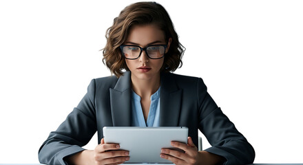 Focused business woman with glasses using a tablet computer isolated on transparent background, technology and communication concept