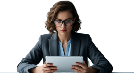 Focused business woman with glasses using a tablet computer isolated on transparent background, technology and communication concept