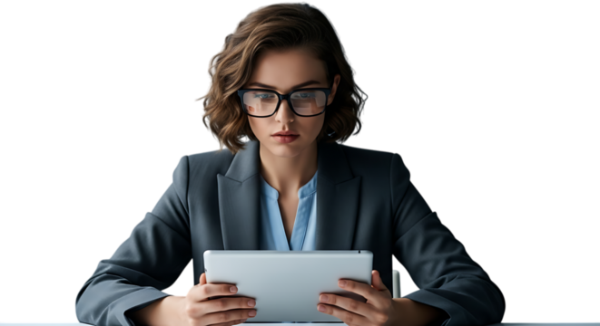 Focused business woman with glasses using a tablet computer isolated on transparent background, technology and communication concept