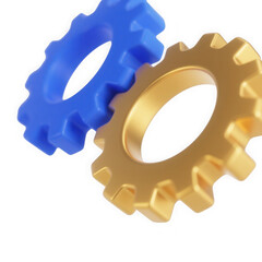 3d illustration of two interlocking gears, one blue and one gold, isolated on transparent background, symbolizing teamwork and mechanical engineering