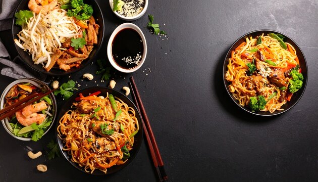 An assortment of delicious asian cuisine dishes are artfully displayed on a dark table, offe a tempting invitation to indue in savory culinary delights.