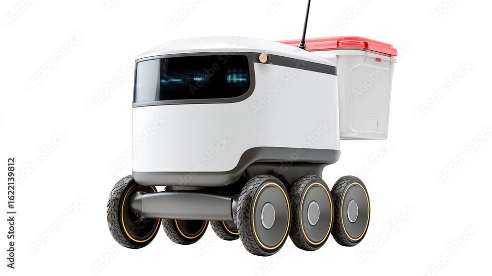 Poster automated food delivery robot background isolated on a transparent background, png file.
