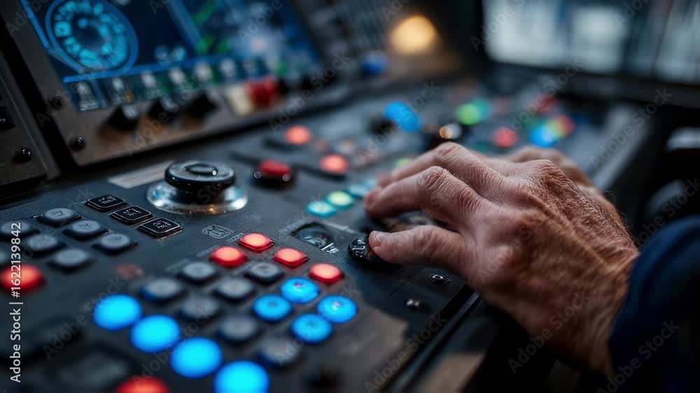 Poster close up of a captain's hand skillfully operating a sophisticated control panel equipped with a futu