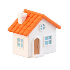 3d illustration of a charming, small cartoon house with an orange roof and white walls, isolated on a transparent background