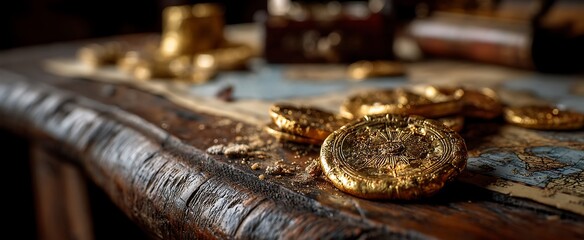 Golden coins on antique map table with pirate treasure, finance concept, and rich  wealth.