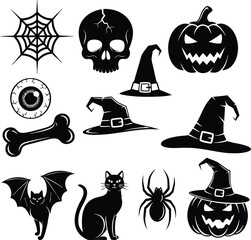 Obraz premium Spooky halloween collection of silhouetted icons featuring pumpkins bats cats and witch hats