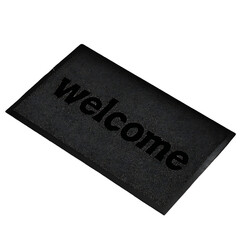 Dark gray doormat with the word welcome.