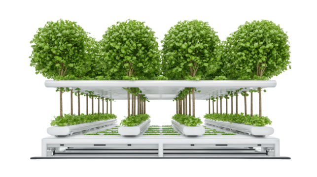 Automated Hydroponic Farming System background isolated on a Transparent background, PNG file.