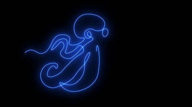 abstract octopus, Self drawing animation one continuous line draw, logo. Blazing  flame, energy, fire on black background. neon blue luminous sign