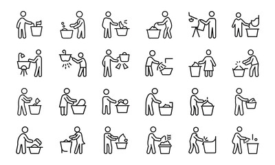 A comprehensive set of 24 black and white line icons representing diverse concepts such as business strategy, education, customer service, and daily life activities.