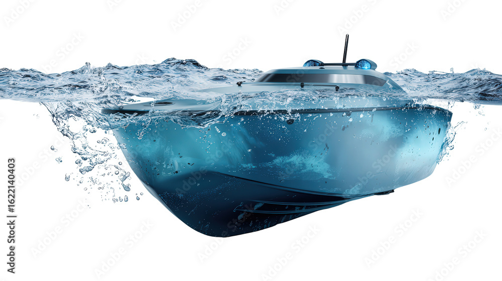 Poster autonomous boat in ocean navigation background isolated on a transparent background, png file.