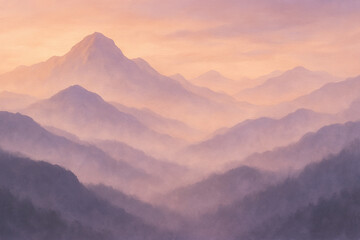 A mist covered mountain range bathed in pastel peach and lavender tones, ethereal and atmospheric, panoramic view