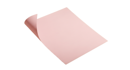 A single sheet of pink paper with a subtle rose gold metallic sheen, showing a curled corner and isolated on a transparent background, suitable for design, craft, or artistic elements