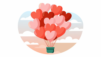 Heart shaped balloons in a pot with a cloudy sky background in shades of pink and blue colors design