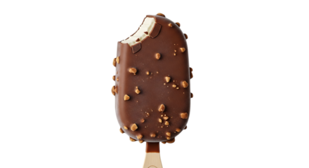 Chocolate covered ice cream bar with almonds, bitten, isolated on transparent background