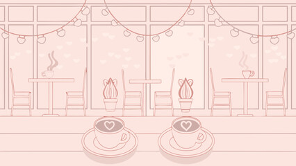 Cafe scene with heart string lights, tables, chairs, plants, and coffee cups with heart art