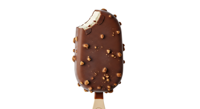 Chocolate covered ice cream bar with almonds, bitten, isolated on transparent background