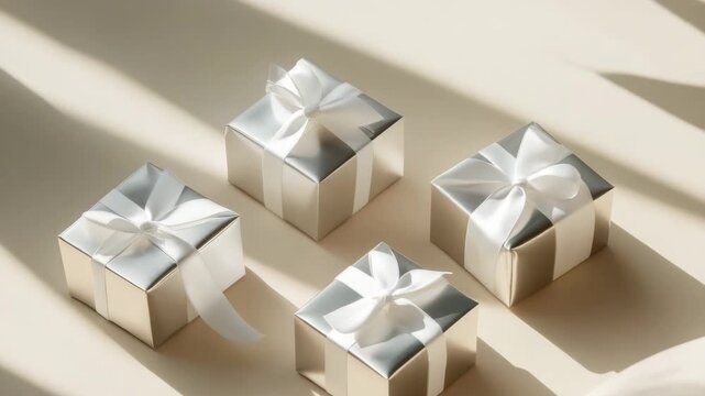 Silver gift box with white ribbon bow on beige background soft light shadow luxury present celebration festive elegant minimalist decoration sunlight calm atmosphere