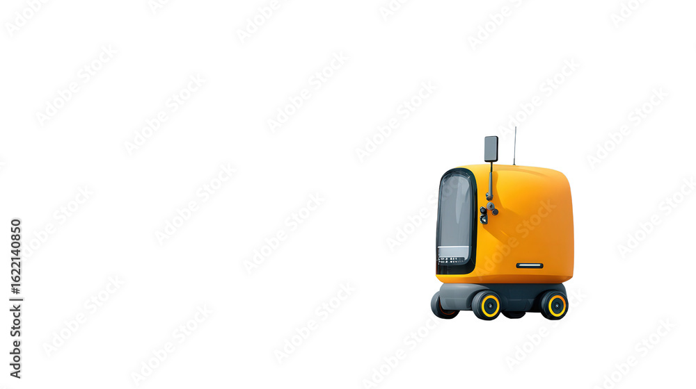 Poster autonomous delivery robot on city streets background isolated on a transparent background, png file.