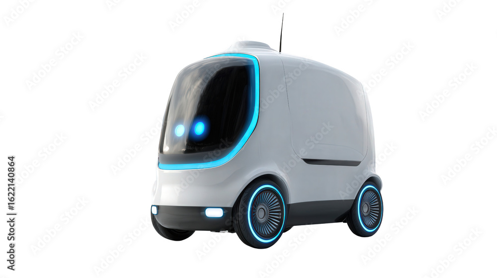 Poster autonomous delivery robot on city streets background isolated on a transparent background, png file.