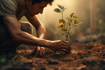 Young man is planting a tree. Gardening as a means of escaping from the hustle and bustle of life in the big city.