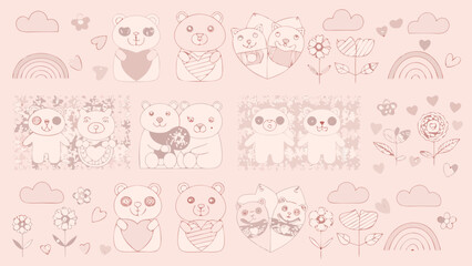 Illustration of cute bears and pandas with heart and flower elements on a light pink background