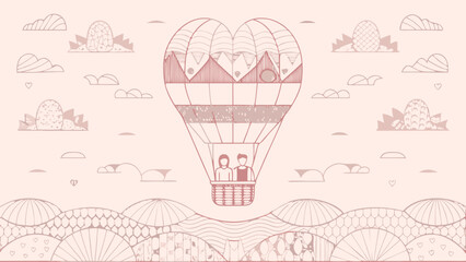 Couple riding in a heart shaped hot air balloon above patterned hills and clouds in a light pink scene