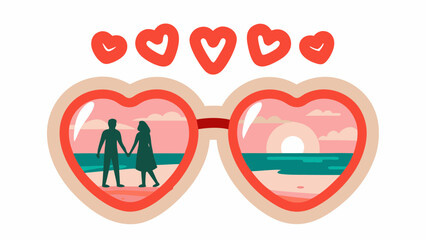 Heart shaped sunglasses reflecting a couple on a beach under hearts in the sky at sunset
