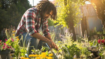 Amidst the fragrant blooms, the man's hands move with purpose, a symphony of care and tenderness that brings forth the garden's vibrant beauty.