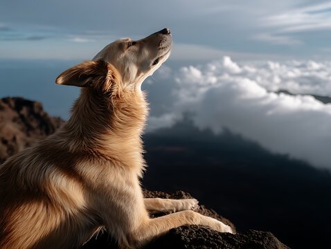 Golden dog enjoying the view on a mountain peak with cloudy sky background.