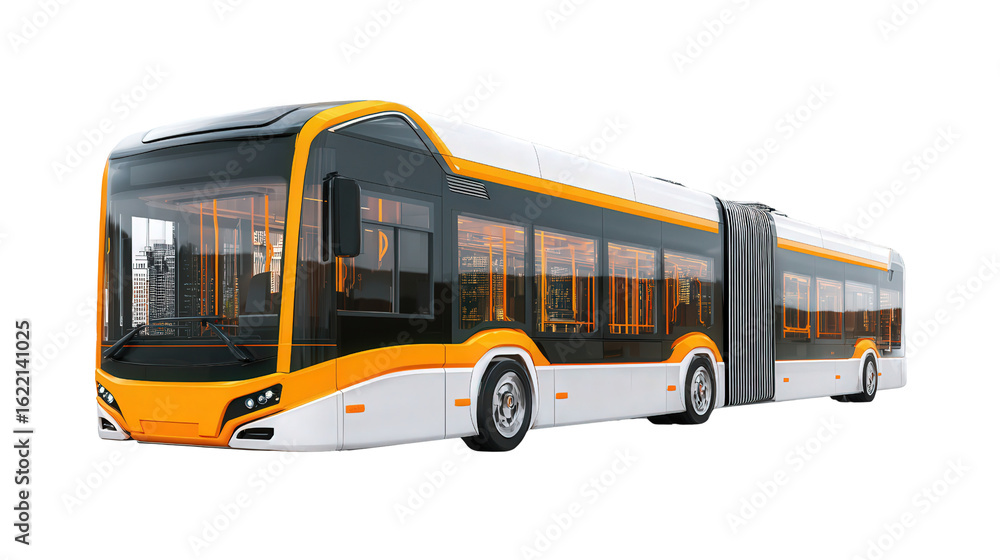 Poster autonomous electric bus in city traffic background isolated on a transparent background, png file.