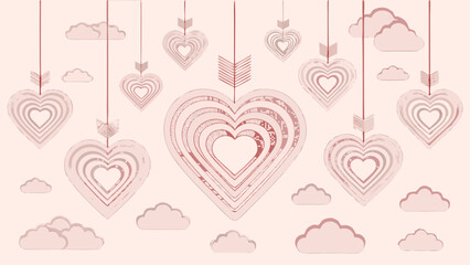 Hanging heart decorations with arrow accents and cloud shapes in a pastel pink color palette design