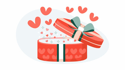 Open gift box with red hearts and ribbon floating out on a white background celebration of love gift