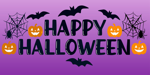 Halloween greeting with pumpkins bats spiders and webs on purple background
