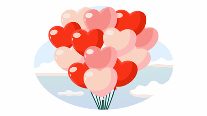 A bunch of heart shaped balloons in shades of red and pink against a sky with clouds illustration