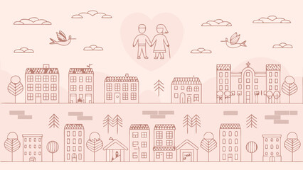 Illustration of houses and buildings with birds and an elderly couple in a heart outline