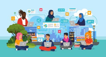 A diverse group of young students and professionals working remotely on laptops, connected by a digital network. Concept for e-learning and global teamwork.