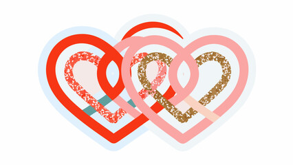 Intertwined hearts in shades of red and pink with textured fills create a romantic and loving design