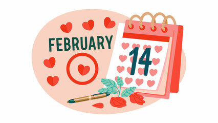Valentine's day calendar with february date hearts pen and roses in a pink background design element