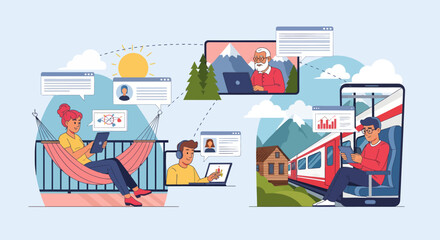 Illustration of diverse people communicating through a cloud-based network, symbolizing modern digital collaboration and teamwork