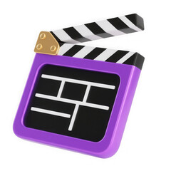 3d illustration of a modern, stylized purple clapperboard with black and white stripes, isolated on a transparent background, symbolizing film production and movie making