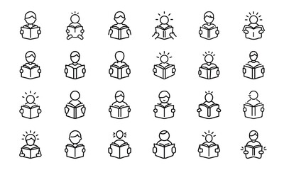 A comprehensive set of 24 black and white line icons representing diverse concepts such as business strategy, education, customer service, and daily life activities.