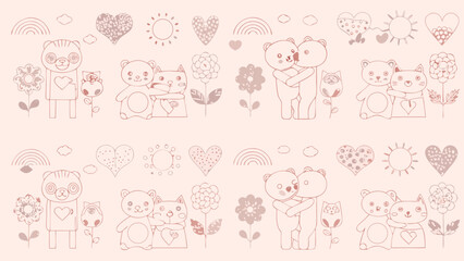 Illustration showing cute bears and cats in love with flowers and hearts in a soft pink color palette
