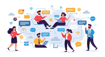 Modern business team communicating through a digital network. Flat vector illustration of people collaborating online, social media interaction, and remote teamwork.