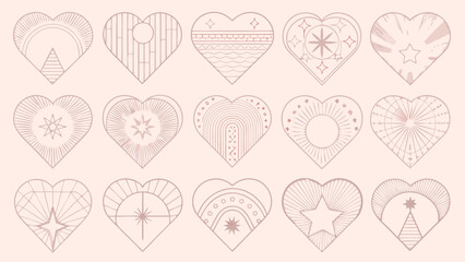 Collection of fifteen hearts each uniquely decorated with bohemian and celestial inspired designs in a grid