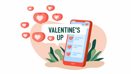 Illustration of a smartphone with heart icons and a speech bubble with valentine's up text displayed