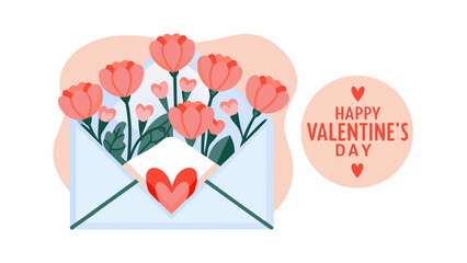 An envelope filled with flowers and hearts with happy valentine's day message on the side art