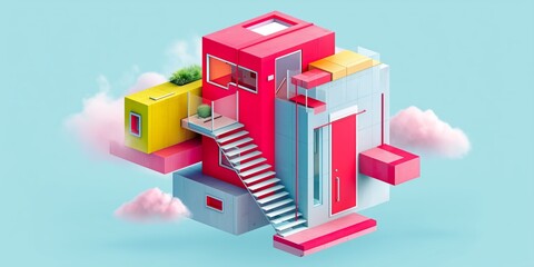 Isometric surreal office cube with floating stairs and pastel geometric design